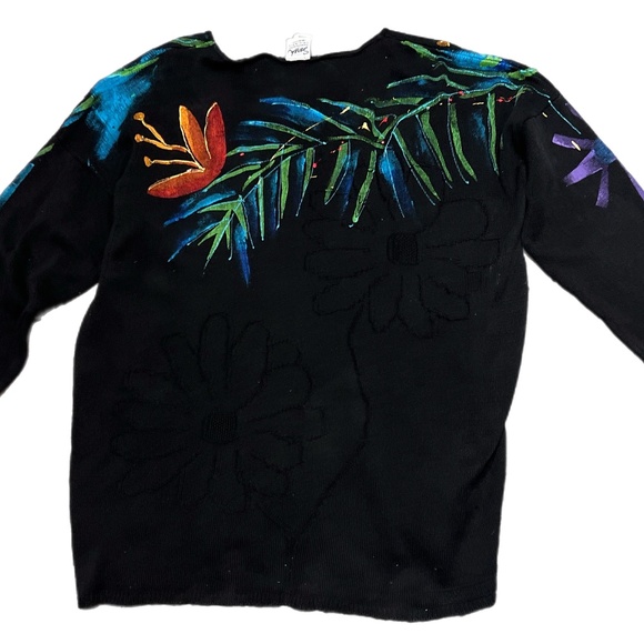 Vintage Sarah Hand Painted Originals Womens Sz XL Black Sweater Tropical Floral - Picture 2 of 4